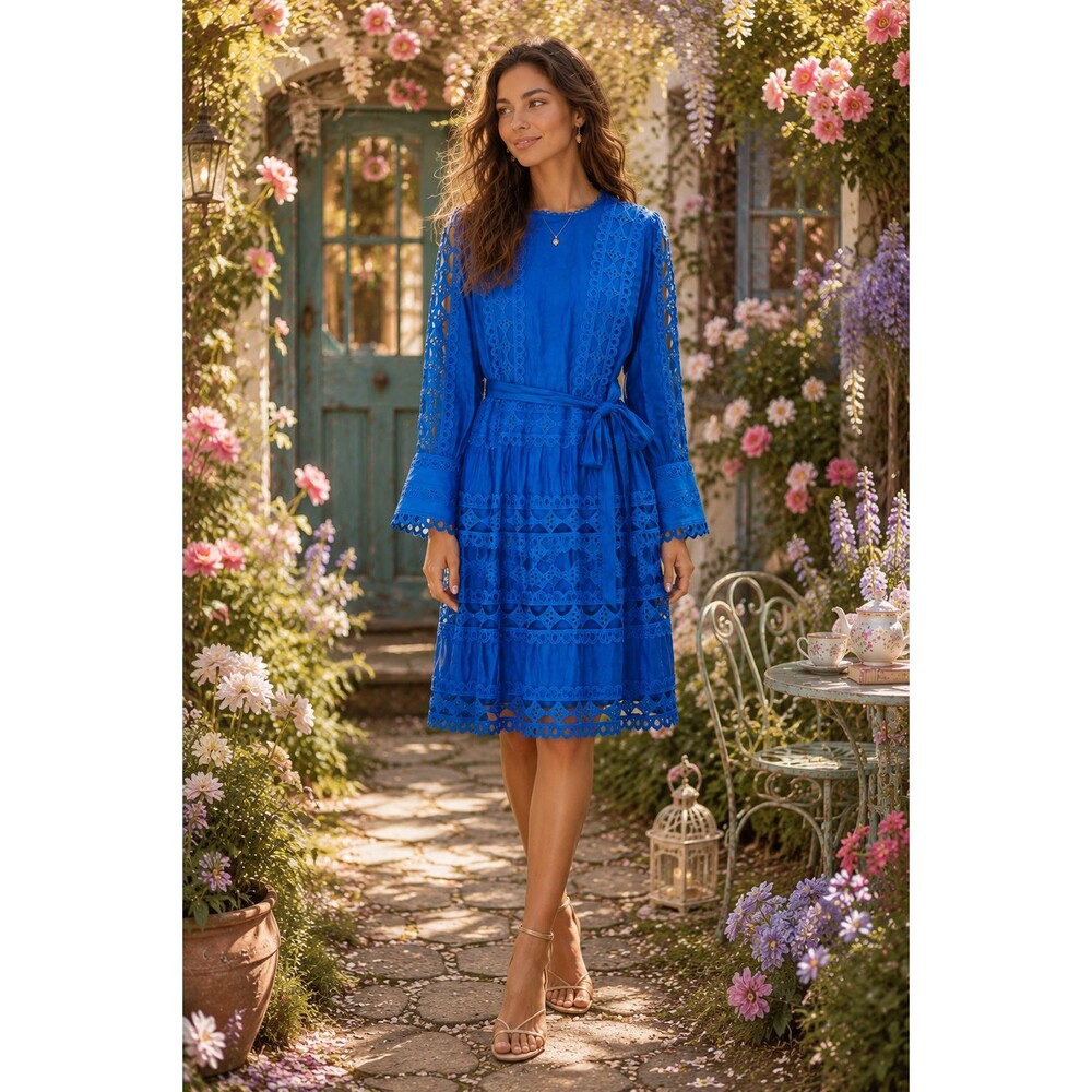 Layered With Love Cobalt Blue Eyelet Cotton Boho Resort Preppy Dress Size L New